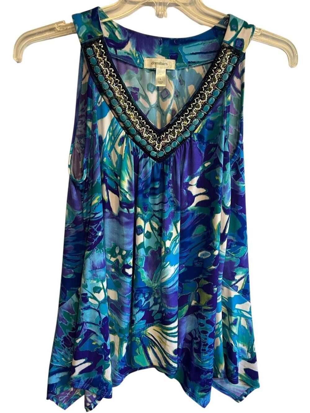 Dressbarn Butterfly Print Beaded V-Neck Handkerchief Hem Tank Top Size L Made in